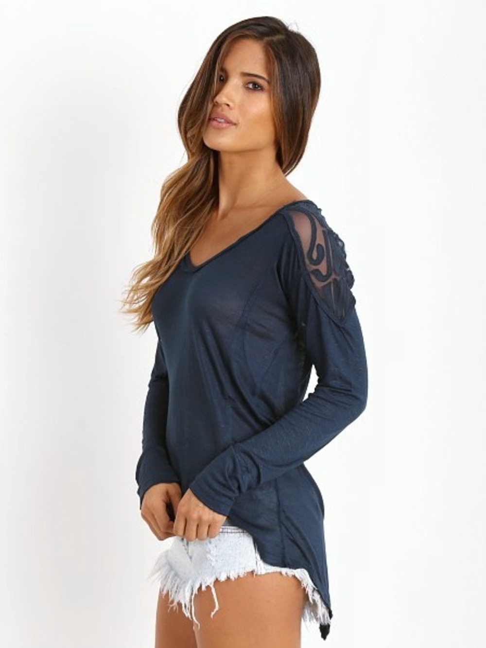 Free People Gatsby Top Blue Sheer Detail Long Sleeve Small